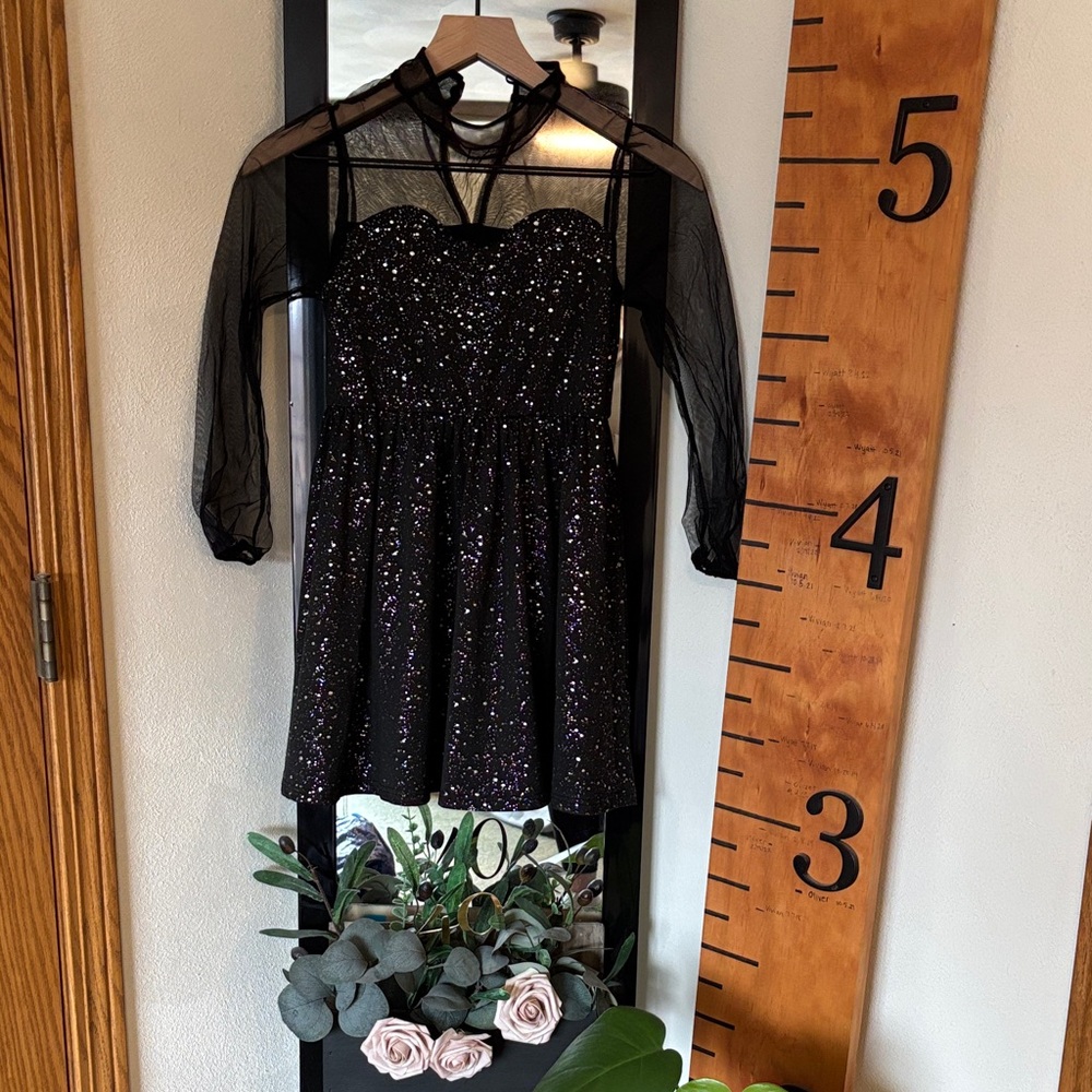Black Sparkle Mesh Sleeve Party Dress